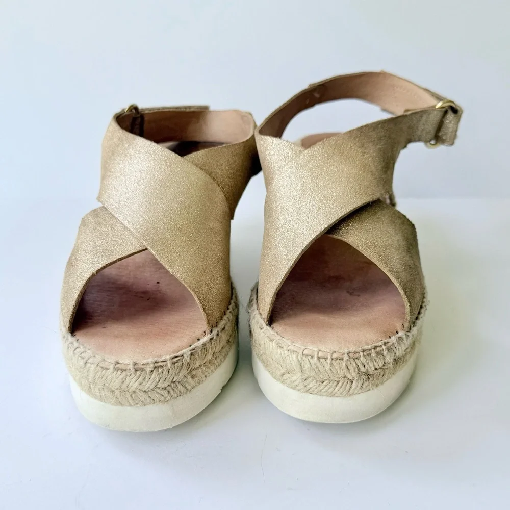 Kanna Gold Metallic Nubuck Suede Crossover Platform Wedge Espadrille Sandal 8